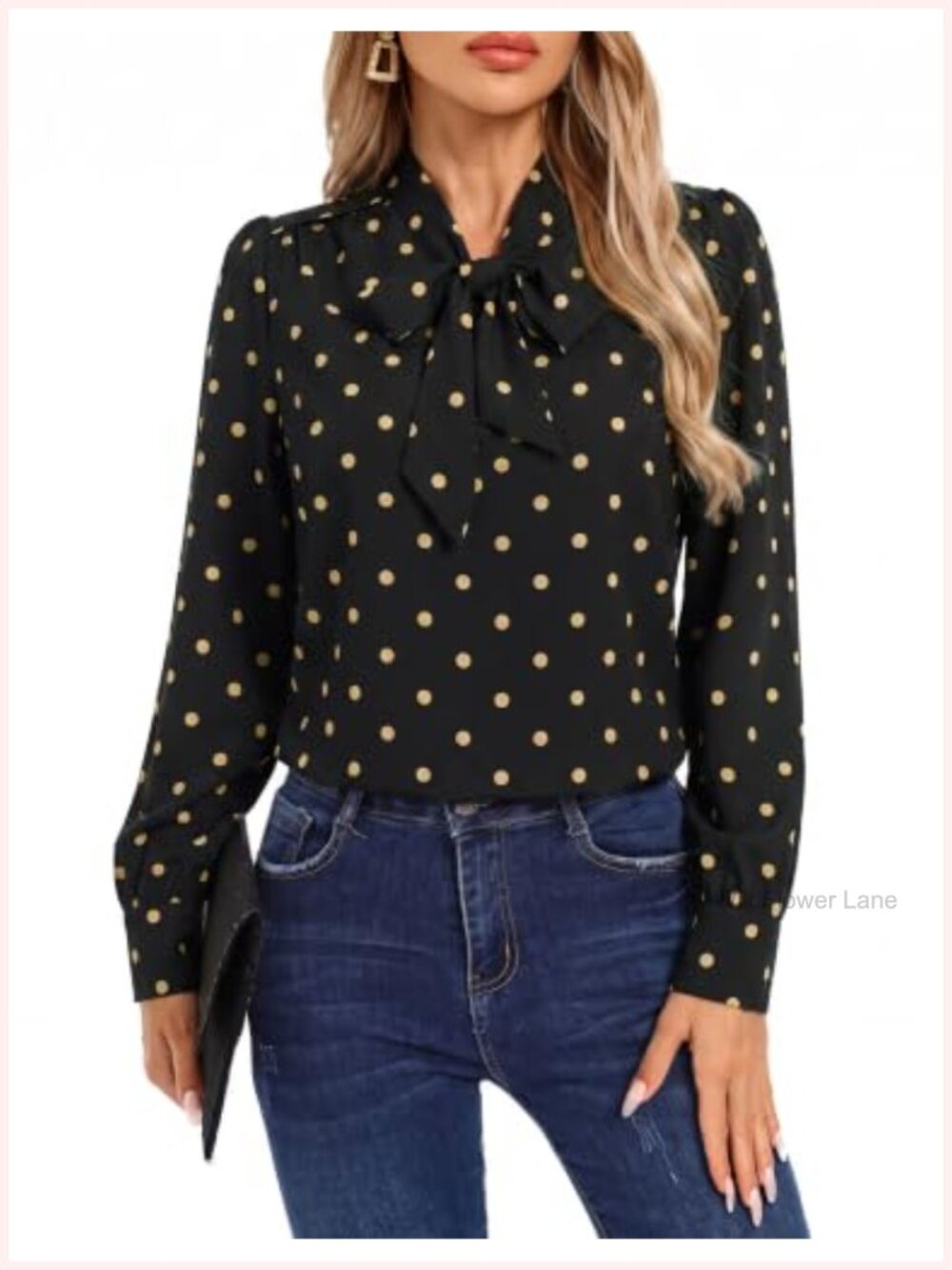 Women Long Sleeve Bow Tie Neck Blouse Business Casual Work Top